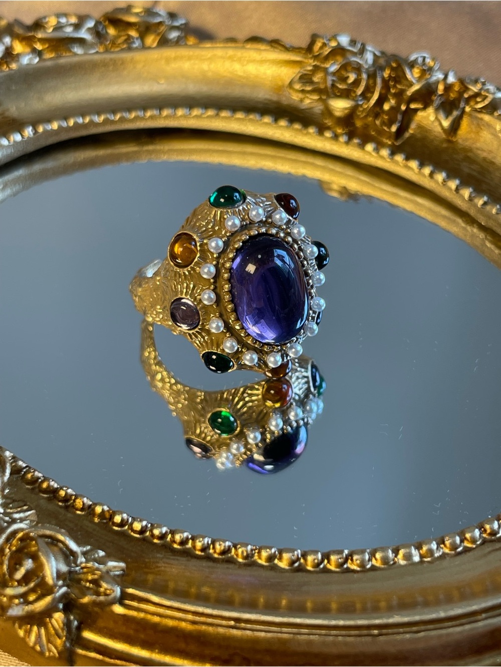 Gold-Tone Purple Cabochon Multigem Statement Ring